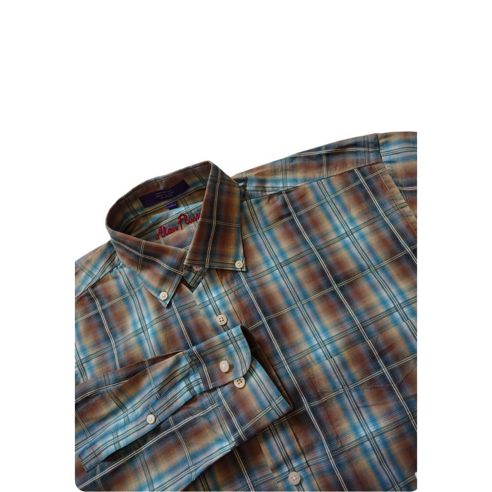 Alan Flusser Button‎ Down Shirt Man's M Blue Brown Long Sleeve Oversized Pocket